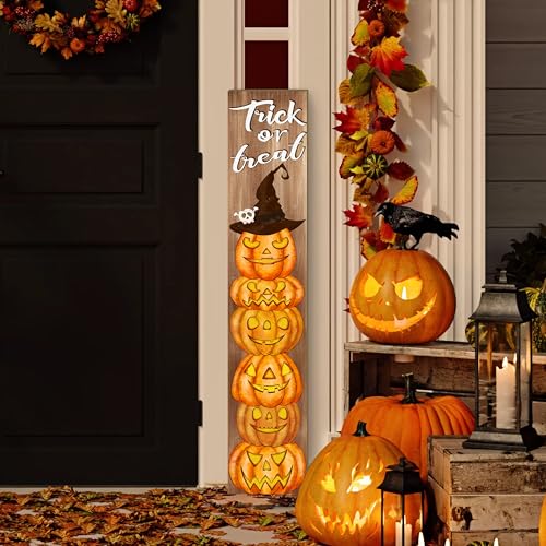 Happy Halloween Porch Sign Ghost Face Pumpkin Door Hanging Decor Wooden Vertical Indoor Outdoor Standing Trick or Treat Welcome Signs For Garden Home Yard Farmhouse Porch 47.2 x 7.8 Inch