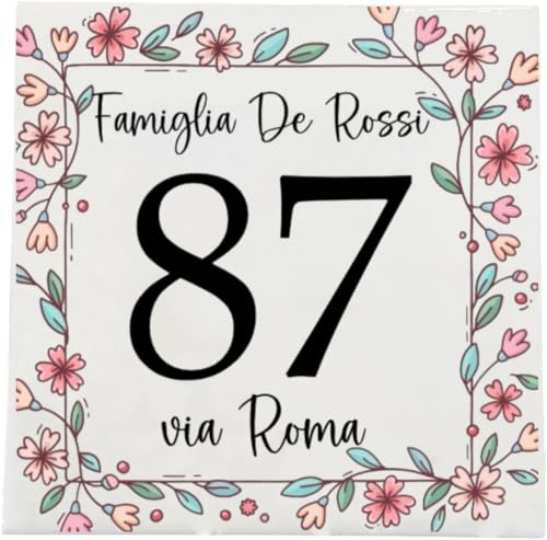 Numero Civico in Ceramica Personalizzabile, Targa Decorativa su Mattonella 11x11cm, con Indirizzo e Nome Famiglia, Made in Italy, Stile Moderno