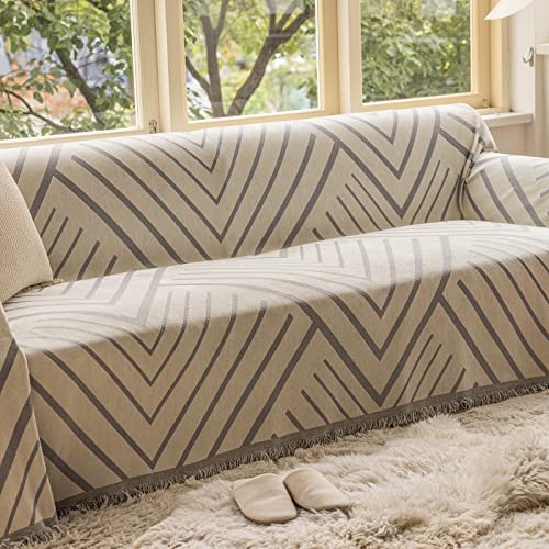 Geometric Stripe Couch Cover Herringbone Beige Grey Sofa Cover Chenille Couch Cushion Covers For Dogs Cats Pet Boho Furniture Protector Cover With Tassels L Shaped Sectional Sofa Covers, 71"X 150" #TOP1