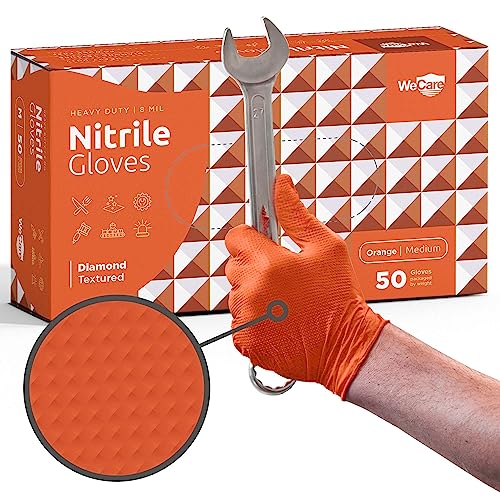 WECARE Luvas de Nitrilo Laranja 8 Mil Médias, Pacote com 50 Unidades - Luvas Mecânicas para Serviços