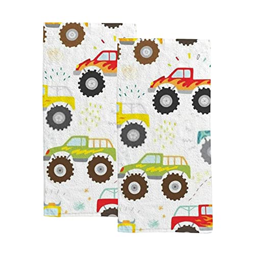 Hand Towels Set For Bathroom,Absorbent Dish Towels For Gym Spa,30"X15"，Kids Doodle Monster Truck (2 Pcs) #TOP15