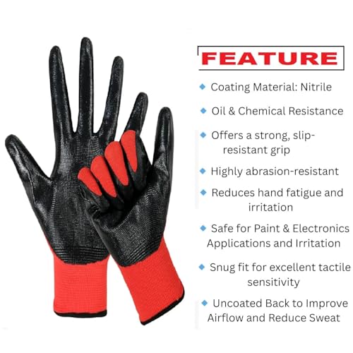 Image of Nylon Safety Work Gloves with Nitrile Coating - Industrial-Grade Protection for Cleaning, Warehouse, Mechanics, Construction - Durable, Flexible, Non-Slip Grip (Red & Black, 20 Pair)