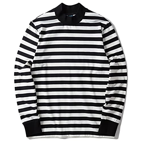 Zengjo Mens Striped Shirt Long Sleeve Mock Turtleneck Shirts