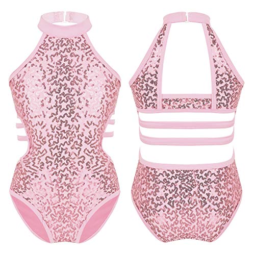 Alvivi Kids Girls Sequins Halter Strappy Back Ballet Dance Gymnastics Leotard Ballerina Dance Training Outfit Bodysuit Pink 8