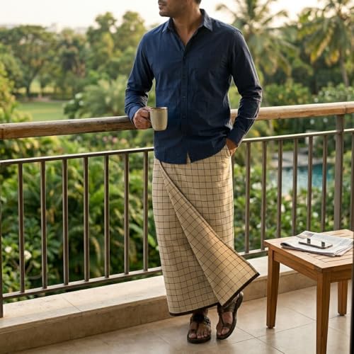Image of Premium Pure Cotton Lungi for Men 1.98 x 1.28 Meters | Khaki Checkered Dhoti, Handwoven Ethnic Wear, Traditional Cotton Mundu, Hem-Stitched Single Lung, Comfortable Daily Use