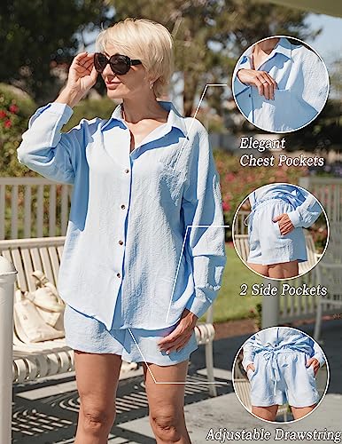 Ekouaer 2 Piece Outfits Set For Women Elastic Waist Shorts Set Summer Outfit Collared Lounge Pajamas Set With Pockets Light Blue, Large #TOP30