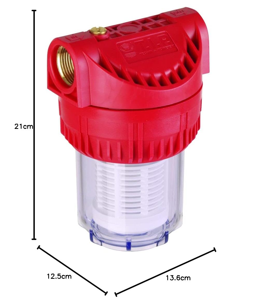 T.I.P. Préfiltre pour Pompes de Jardin et Circuits d'eau Domestiques Taille de 12,7 cm 5" Débit 7000 l/h Cartouche Filtrante lavable Tête de Filtre Transparente en Polyamide Couleur Blanc Rouge