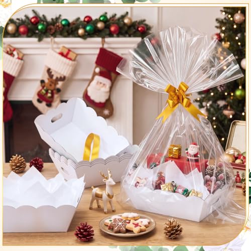 Image of Fuyoooo 8 Pack White Baskets for Gifts Empty to Fill, Sturdy 10 inch x 12 inch Scalloped Edged Empty Gift Basket Kit Bulk with Handles, 8 Wrap Bags, 16 Tissue Paper and 8 Bows for Wedding Party