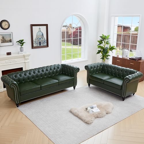 Image of QHITTY 2 Piece Living Room Set, Sectional Chesterfield Sofa Contemporary Upholstered Artificial Leather Loveseat Couch Sets for Living Room, Bedroom, Office (Green)