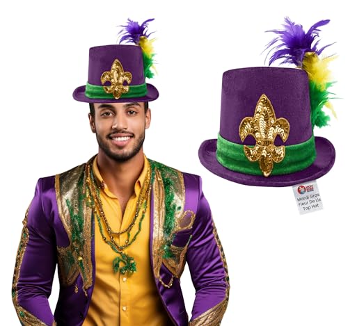 Nicky Bigs Novelties Deluxe Purple Mardi Gras Top Hat Velvet Look with Feather Plume Gold Fleur-de-Lis Green Band Costume Accessory for Men Women Festive Hat for Parades Bar Crawls Festivals