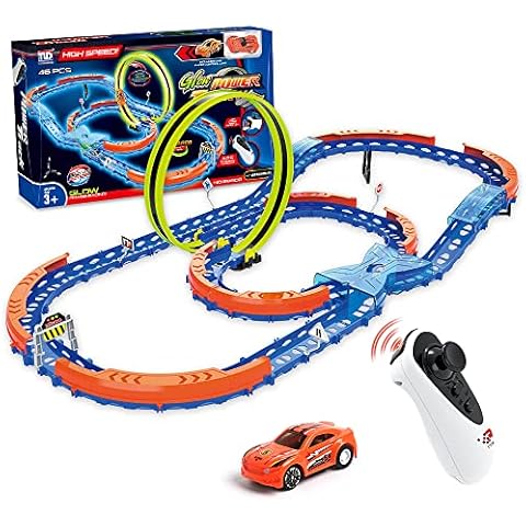 STONESTAR Race Car Track Set, Assembled Car Track Toys with 46 Pcs Building Kits, High Speed Glow Race Car Track Set with 360° Loop X-Type Crossing Track, Birthday for Kids 3+ (46 PCS) Cover