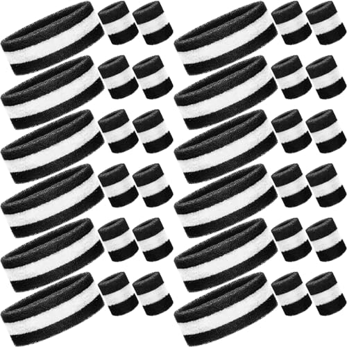 Image of Eurzom 36 Pcs Neon Sports Sweatbands Set Include 12 Striped Sweat Absorbing Headbands 24 Wristbands Athletic for Men Women Basketball Tennis Running Glow Party