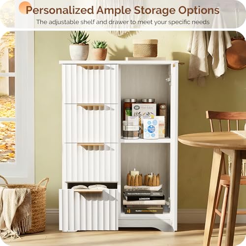 Image of VINGLI Fluted Sideboard Buffet Cabinet, Modern White Wood Storage Console with Doors and Drawers, Multi-Function Storage Cabinet for Living Room, Dining Room, Kitchen, White
