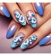 Spring Flower Press on Nails Almond Medium Fake Nails with Blue Gradient Flowers Design Spring Gl...