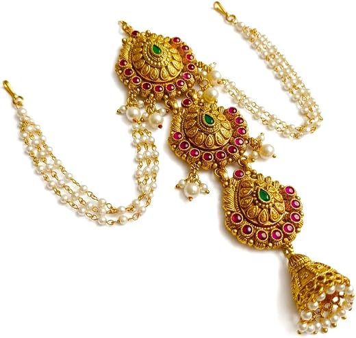 AAIKU Traditional Gold-Plated Temple Style Bridal Juda Hair Accessory with Hooks &amp; Brooch Pins | Antique Center Pin with R...