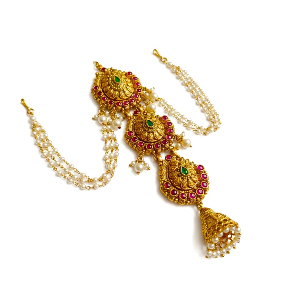aaiku Traditional Gold-Plated Temple Style Bridal Juda Hair Accessory with Hooks & Brooch Pins | Antique Center Pin with Ruby, Green Stones & Pearl Jhumka Drops | Maharashtrian & South Indian ClassicJ wellery-picture-50