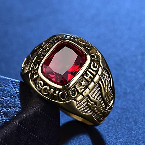 MASOP Retro Eagle Stainless Steel Rings for Men High School Red Crystal Gold Tone Jewelry Size 8-153