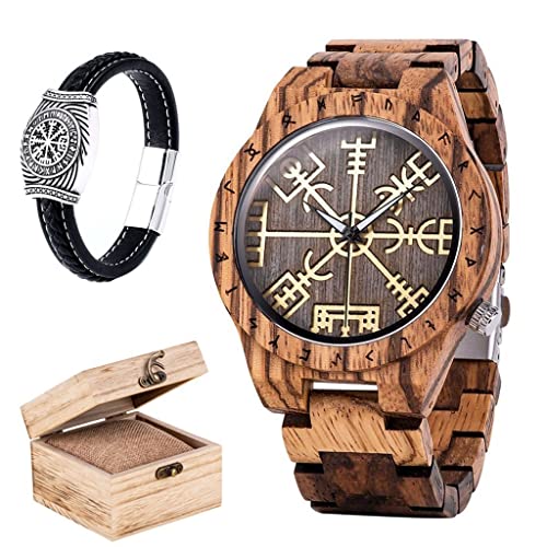 Montre en bois Vegvisir pour homme style boussole Viking et bracelet quartz décontracté