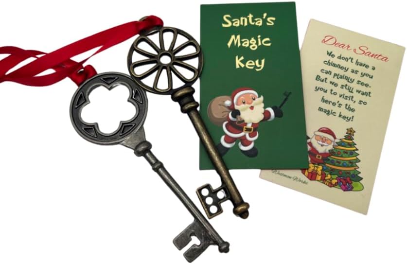 Miniatura 6 de Juego de 2 llaves mágicas de Papá Noel, accesorio navideño inspirado en la vendimia para hogares sin chimenea con tarjeta de historia de llave de