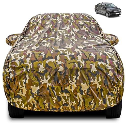 Image of FABTEC Car Body Cover for Honda Amaze Jungle Print with Soft Cotton Lining Waterproof Car Cover UV & Rain Protection with Mirror Pocket Bottom Elastic (Military /Camouflage Pattern)