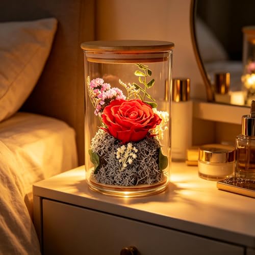 Preserved Rose Flowers in Glass Jar with Bamboo Lid - Long Lasting Eternal Real Red Roses with Eucalyptus & Moss, Forever Flower Gift for Women Mom Her Valentine Birthday Anniversary Home Office Decor — view 4