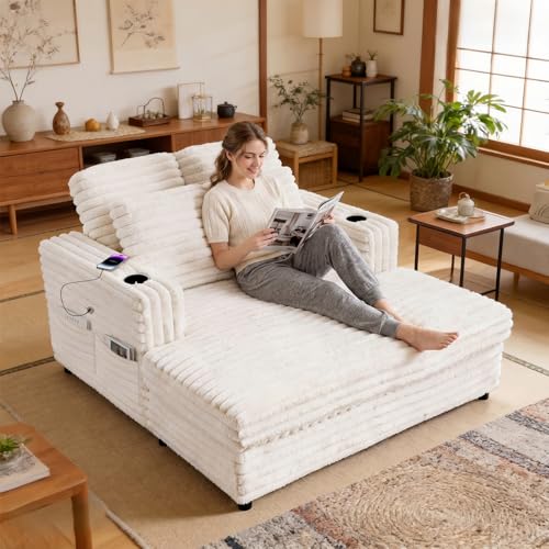 BOSMILLER 66 Chaise Lounge Chair Soft Velvet Upholstery for Living Room Oversized Lounge Chair Includes Cup Holders Side Pockets and USB & Type-C Charging Ports Comfy Lounge with Sturdy Backrest
