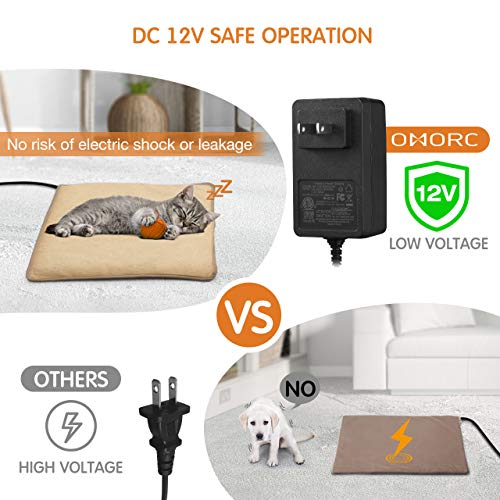 OMORC Pet Heating Pad, 12V Safe Cat Heating Pad with 3 Level Timer & Temperature Settings & 2 Replaceable Cover, Auto Power-off Built-in Thermostats and Anti-Bite Tube, 18" x 18" Mat for Dog Cat Pets