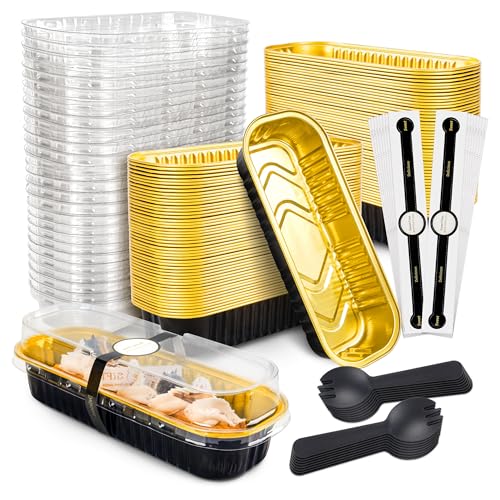 100 Pack Mini Cake Pans with Lids and Spoons Black Gold Rectangular Aluminum Foil Baking Pans Mini Cheesecake Containers(6.8oz) Black/Gold 100