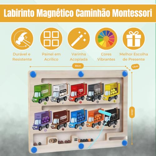 Quadro Educativo Montessori de Madeira - Labirinto Magnético com Caminhões, Contas de Cores e Número
