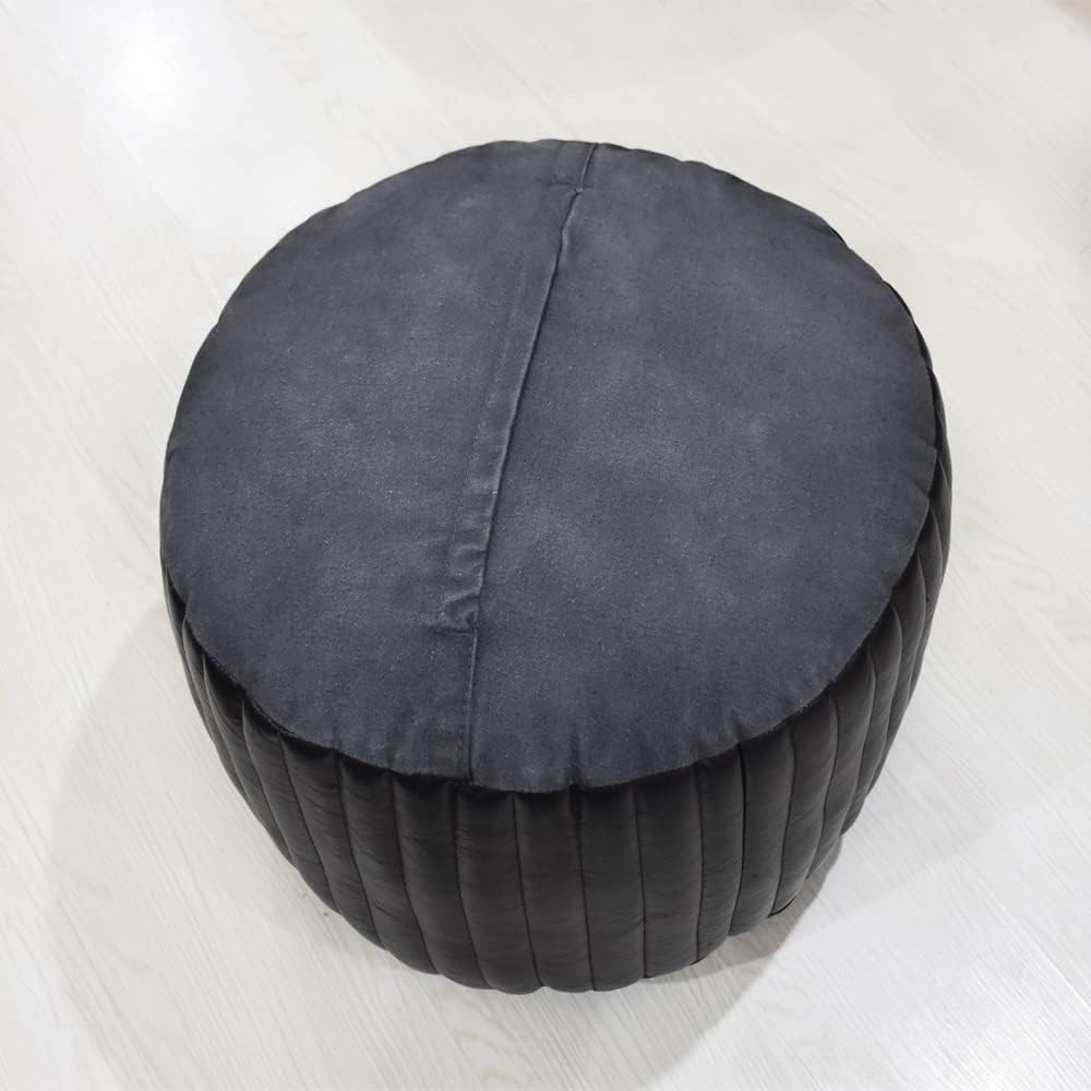 Rugsotic Carpets PF08 Round Shaped Goat Leather Handmade Eco-Friendly Black Pouf - 14" x 14" x 14", Plain Solid, Recycled Cotton Filled