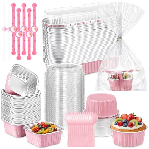 Image of Yiyiring 150 Set Pink Mini Cake Pans with Lids, 6.8oz & 5oz Aluminum Foil Baking Cups Set, Rectangular Square Round Shapes for Brownies, Cheesecake, Muffins, Cupcakes, Party Dessert Making & Gifting