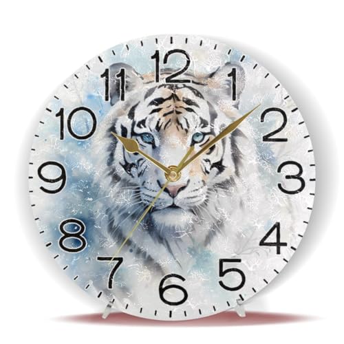 Horloge murale à quartz analogique tigre blanc déco rétro rustique