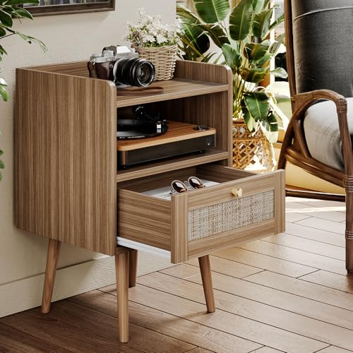 Image of MECHYIN Night Stand Set 2, Nightstands Set of 2 with Charging Station, Rattan Side Tables with Solid Wood Legs, Boho Bedside End Table for Apartment Bedroom Dorm Small Space