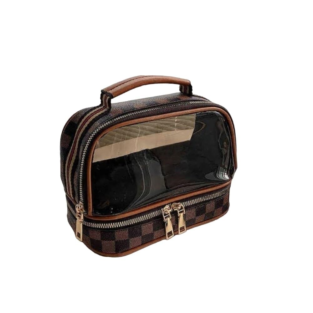 Tyagy Double Layer Waterproof Travel Makeup Bag, Cosmetic Organiser Toiletry Case, Clear PVC and Straw Pouch (Multi-Design)