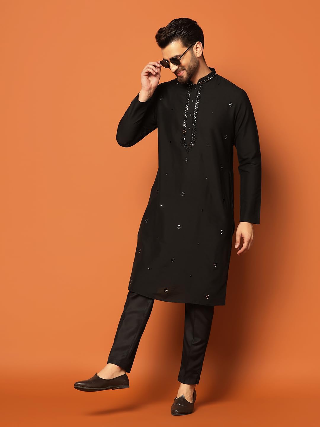 KISAH Men's Kurta – Mirror Work Embroidery Cotton Blend Tunic with Mandarin Collar, Regular Fit – Indian Wedding Outfit for Men – Festive Wear for Diwali, Eid & Celebrations, Black, 42 - Image 10