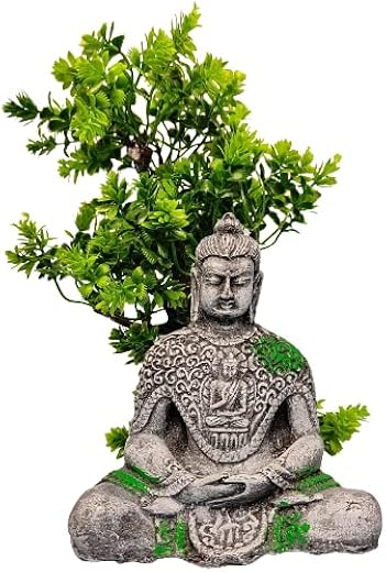 Shirlip Meditating Buddha Statue and Artificial Plant for Aquarium Fish Tank Decoration Combo Pack Ornament and Plant