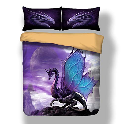 Andrui Parure de lit Pourpre Dragon Dinosaure Motif Housse de Couette 200x200cm Taies d'oreiller Gothique Parure de Lit pour Enfants Garçons Filles Ados Hommes Chambre Décoration Cadeaux Cover
