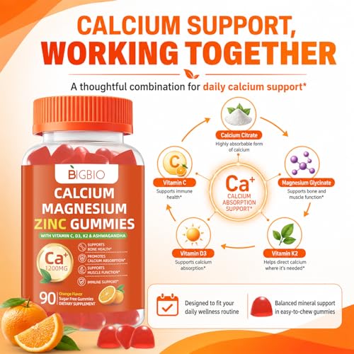 BIGBIO Adults Calcium 1200mg Gummies with Vitamin D3, K2, Magnesium & Zinc, Bone & Muscle Support, Immune & Digestive Wellness, Boron, Copper & Ashwagandha – Sugar-Free, Orange Flavor, 90 Count — view 5