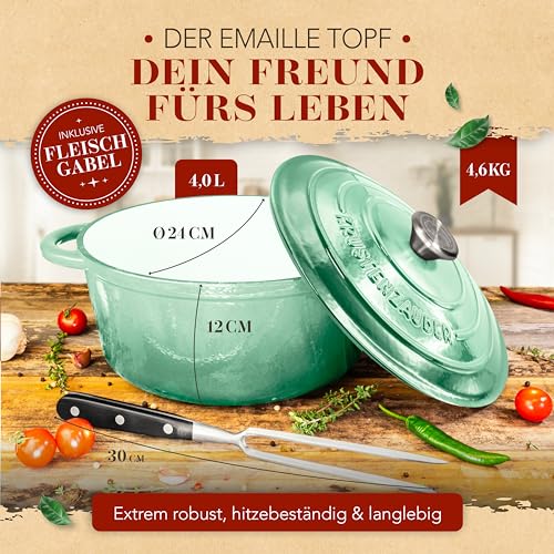 Foto von KRUSTENZAUBER Gusseisen Topf [inkl. Fleischgabel] - Hochwertiger 24cm Schmortopf backofengeeignet - Idealer Bräter mit Deckel Backofengeeignet, Kochtopf Induktion, Emaille Topf, Bratentopf Cast Iron