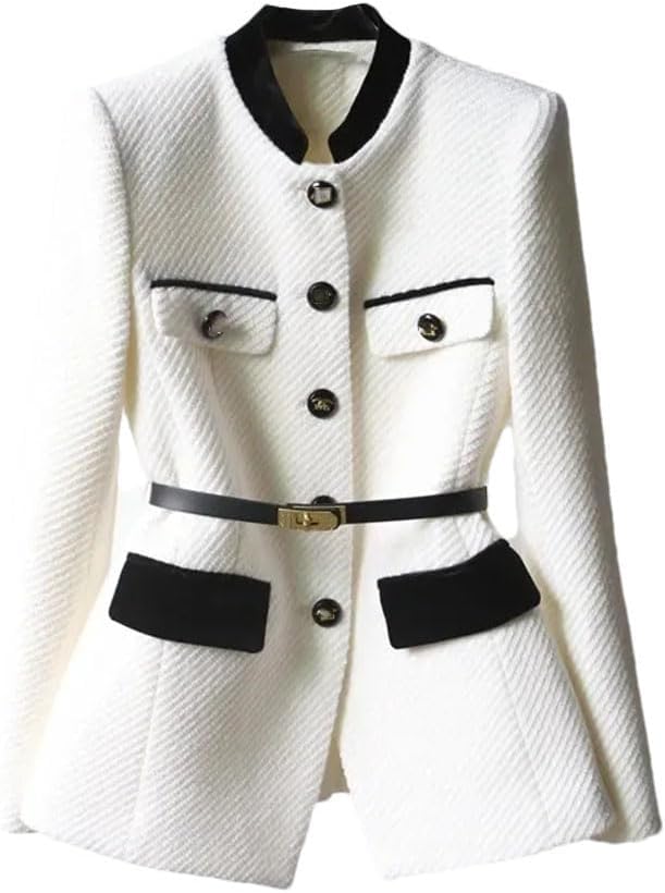 Spring Casual Single Breasted Blazer Coat Women Long Waist Tweed Office Jackets Ladies Tops