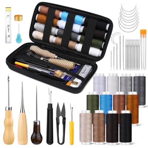 Kit couture cuir outils de maroquinerie, 48 pièces kit de couture manuel pour cuir avec aiguille...