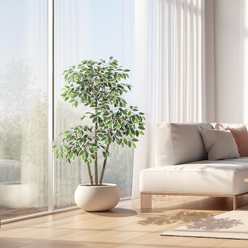 GarveeHome 5ft Artificial Ficus Tree,Tall Faux Floor Plant with White Tall Planter -Fake Plants for Home Decor Indoor with 3 Natural Trunks & White-Edged Leaves,Faux Greenery Tree for Garden Decor