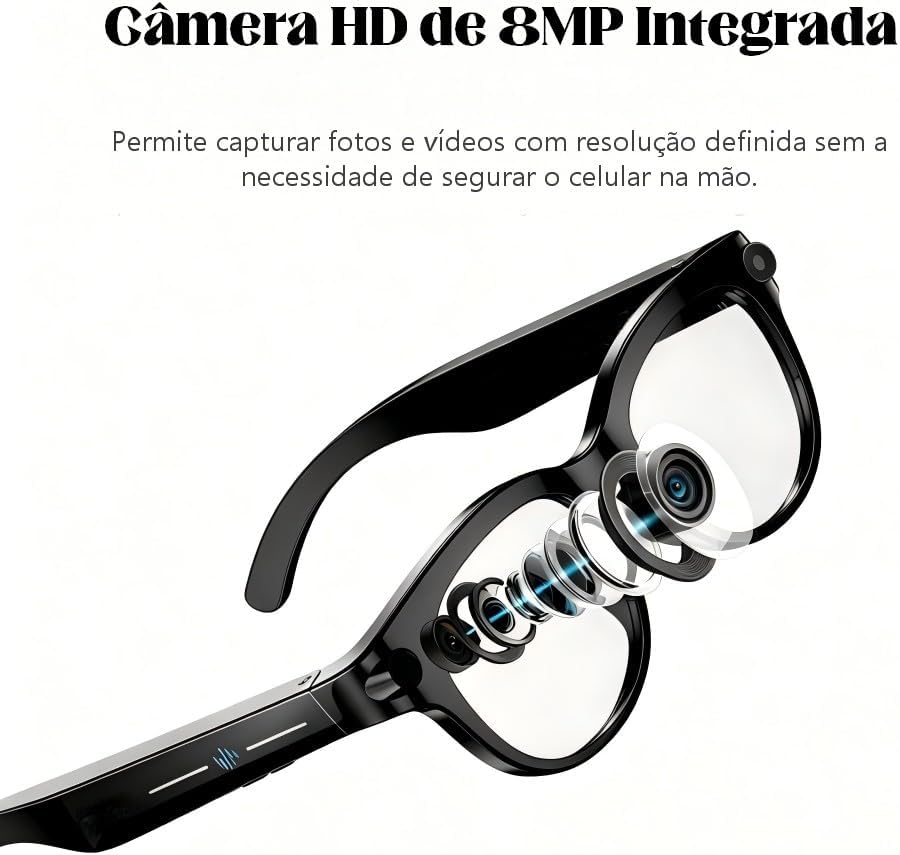 Óculos inteligentes com câmera 2MP, assistente virtual IA, tradução instantânea, reprodução musical, chamadas telefônicas, Wi-Fi 6 Bluetooth 5.4, bateria longa duração, carregamento USB-C Óculos inteligentes com câmera 2MP, assistente virtual IA, tradução instantânea, reprodução musical, chamadas telefônicas, Wi-Fi 6 Bluetooth 5.4, bateria longa duração, carregamento USB-C