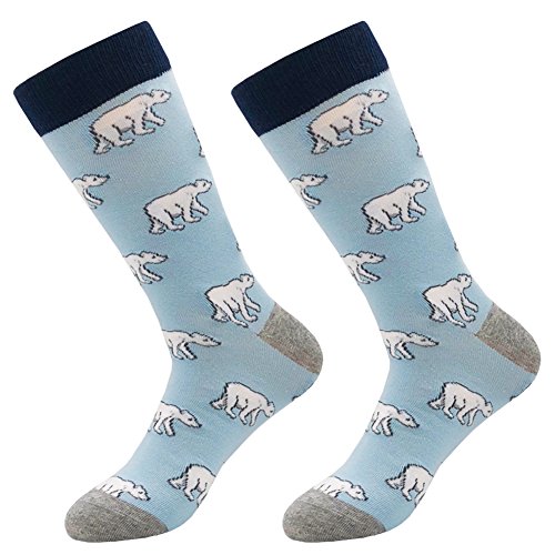 Men's Novelty Casual Socks, KoolHour Animal Cartoon Polar Bear Art Fun Patterned Cotton Knit Dress Crew Socks Gift 1 Pack,Blue