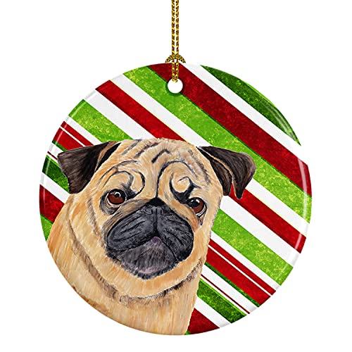 Caroline's Treasures Pug Candy Cane Holiday Christmas Ceramic Ornament Christmas Tree Hanging Decorations for Home Christmas Holiday, Party, Gift, 3 in, Multicolor