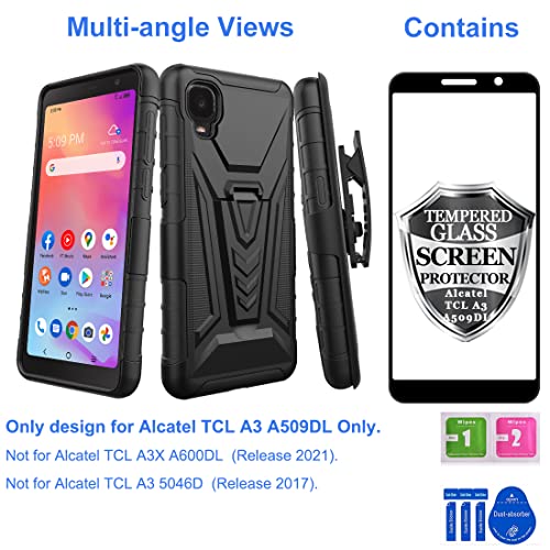 Ailiber Case For Alcatel Tcl A3(A509Dl), Tcl A30/Tcl A3 Phone Case Holster With Screen Protector, Swivel Belt Clip Holster Kickstand Holder, Heavy Duty Full Body Rugged Cover For Alcatel Tcl A3-Black #TOP1