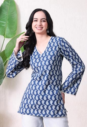 Image of MEERA FAB Women's Floral Printed Cotton Short Top | Sanganeri Printed Top Full Sleeves | Short Kurti for Women