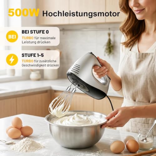 Foto von Handmixer Handrührgerät 500 W mit 5 Geschwindigkeiten & Turbinenfunktion