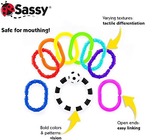 Sassy Ring O’ Links | Textured Developmental Sensory Toy | High Contrast Multicolored 9 Piece Set | For Ages Newborn and Up