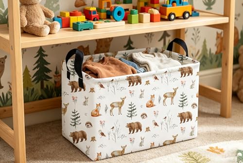 Image of Essme Rectangular Animal Basket,Kids Storage Bins Organizer with Handles for Woodland Room Decor, Gift Basket,Shelf Basket.(Woodland Animal)